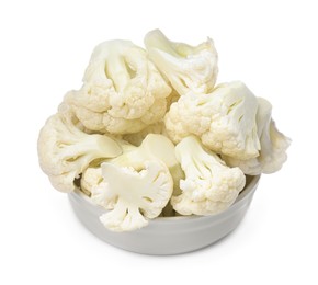 Bowl with cut fresh raw cauliflowers on white background
