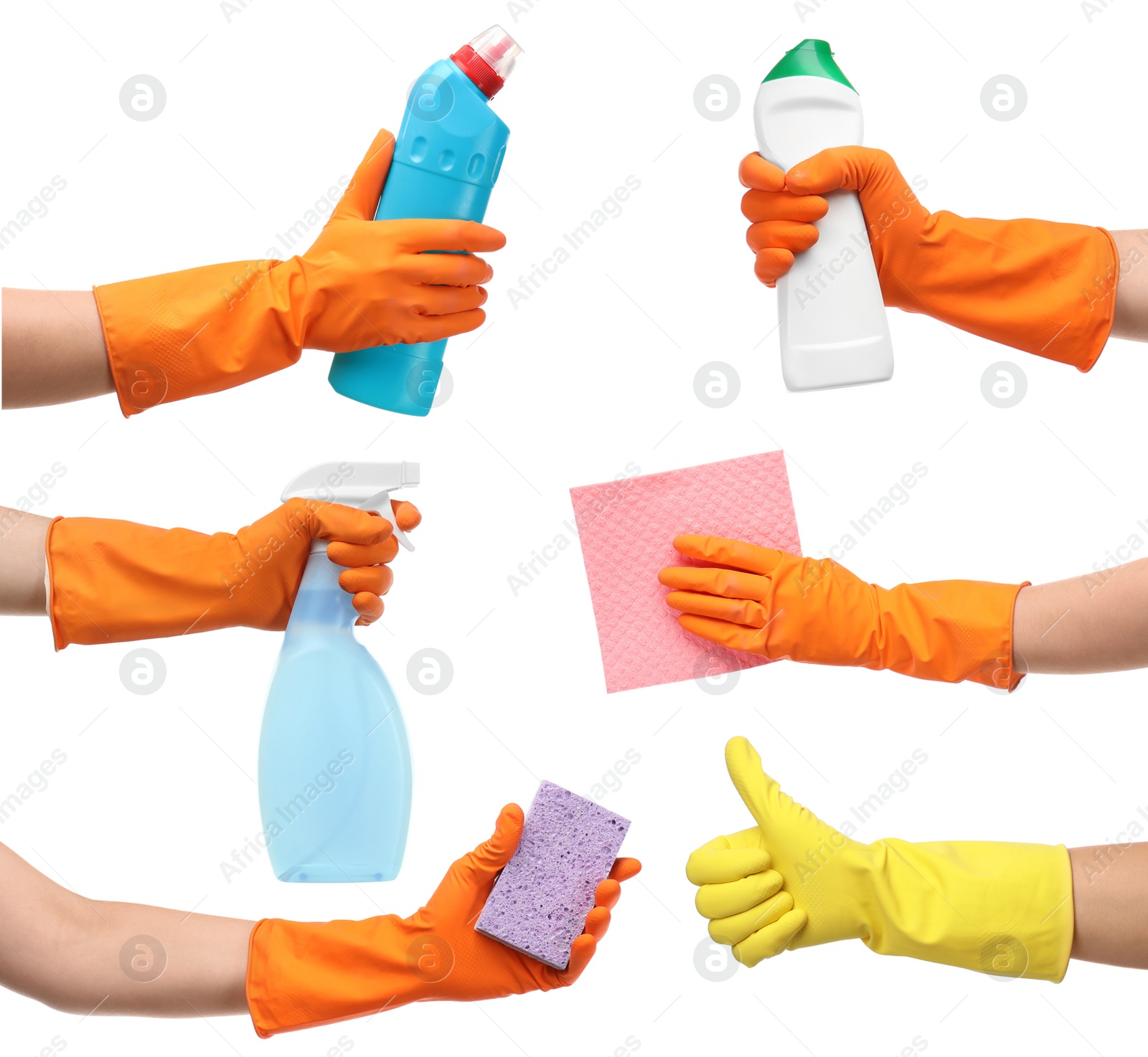 Image of Collage with photos of people holding cleaning supplies on white background, closeup