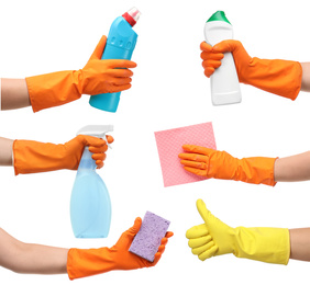 Image of Collage with photos of people holding cleaning supplies on white background, closeup