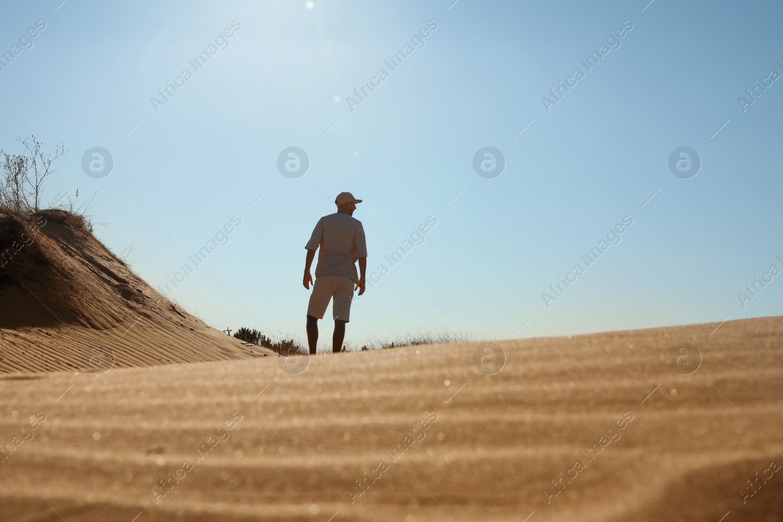 Photo of Man in desert on sunny day, back view