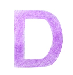 Letter D written with violet pencil on white background, top view