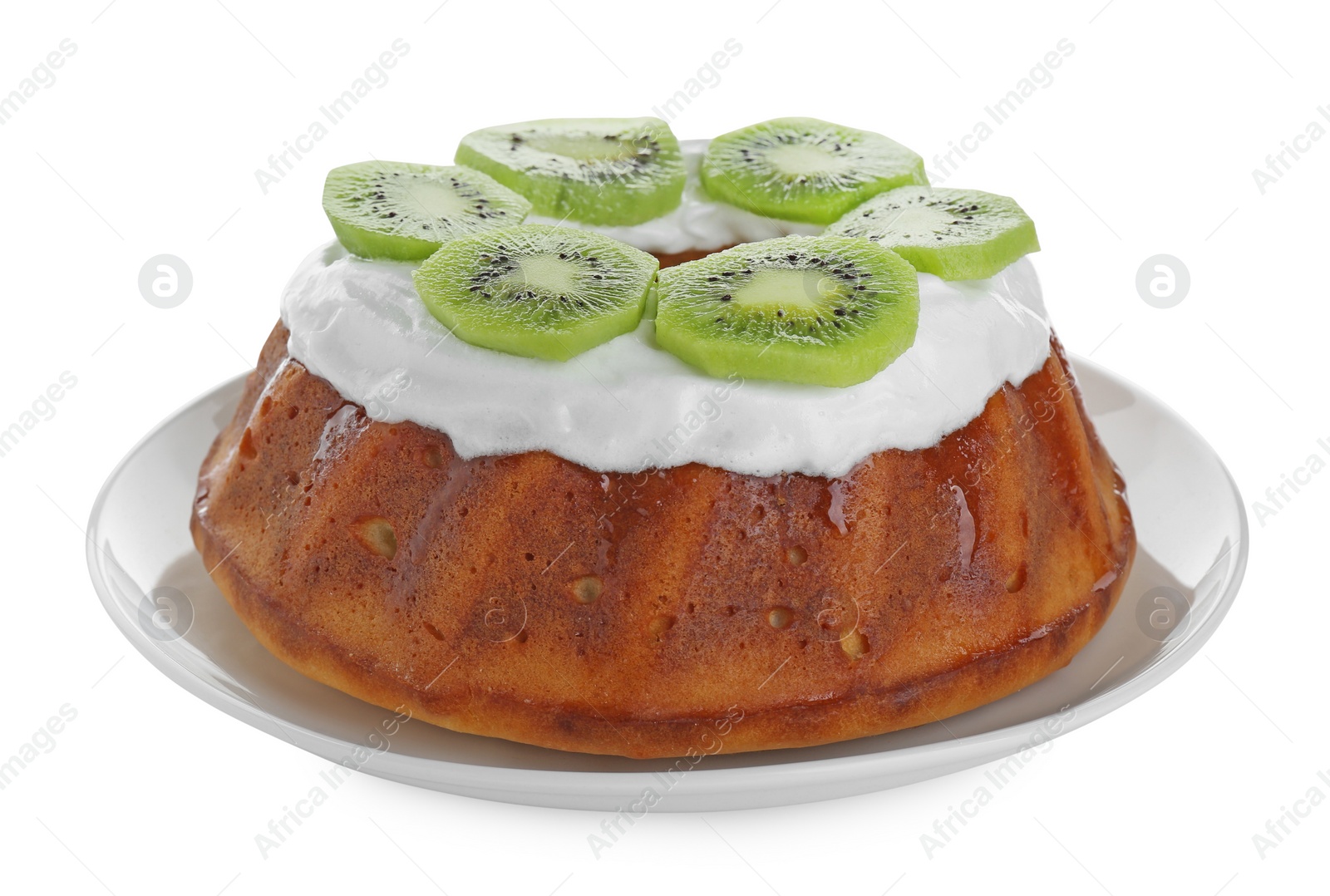 Photo of Homemade yogurt cake with kiwi and cream on white background