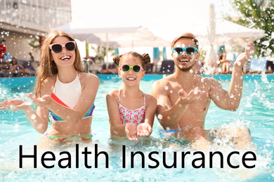 Image of Happy family having fun in pool. Health insurance