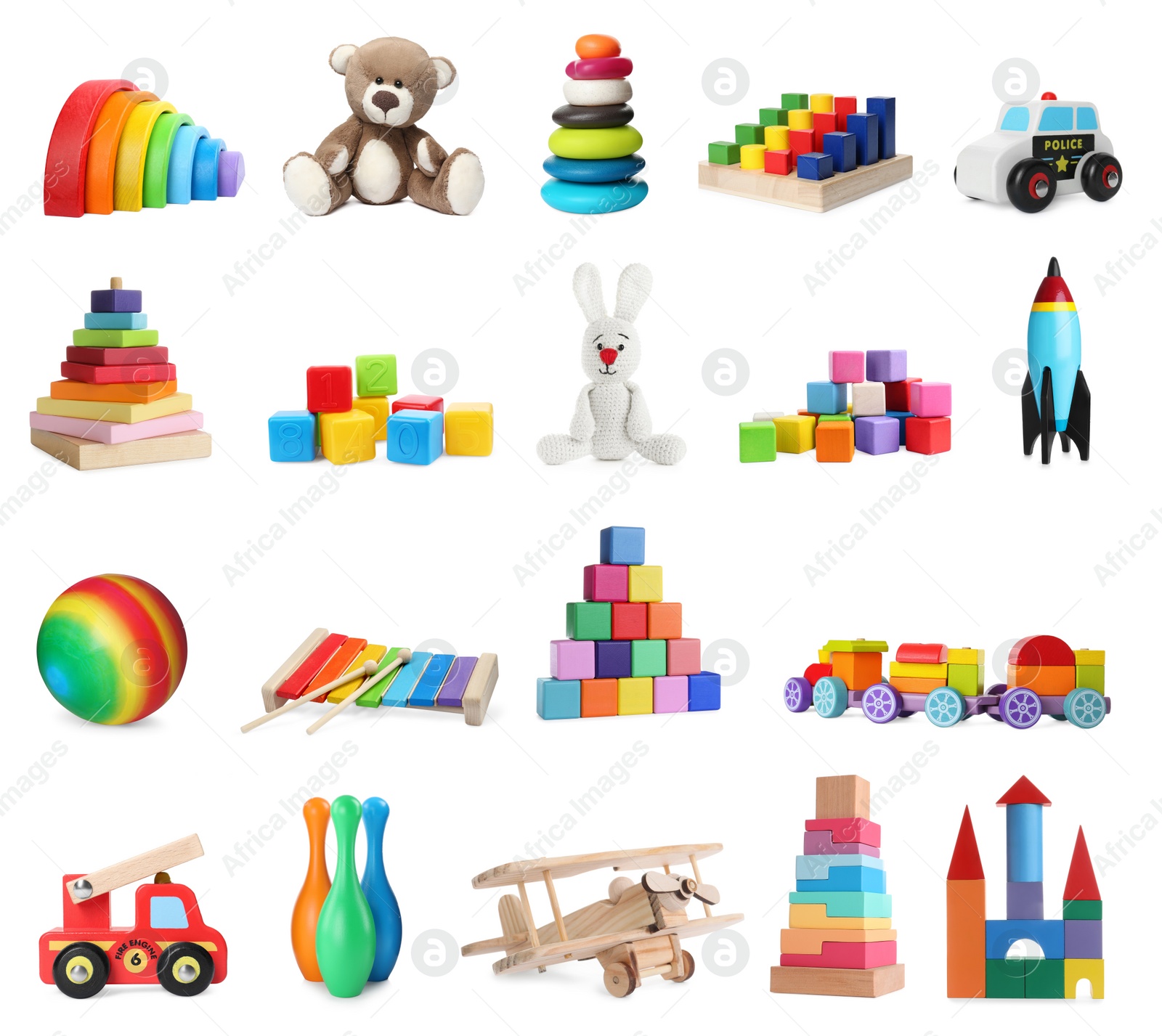 Image of Set with different toys isolated on white