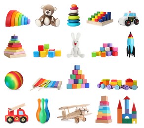 Image of Set with different toys isolated on white