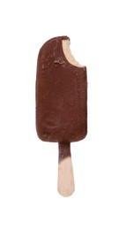 Photo of Tasty bitten glazed ice cream bar isolated on white, top view