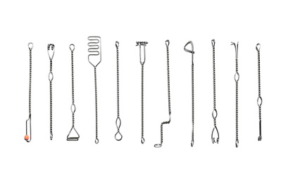 Set of logopedic probes on white background, top view. Speech therapist's tools