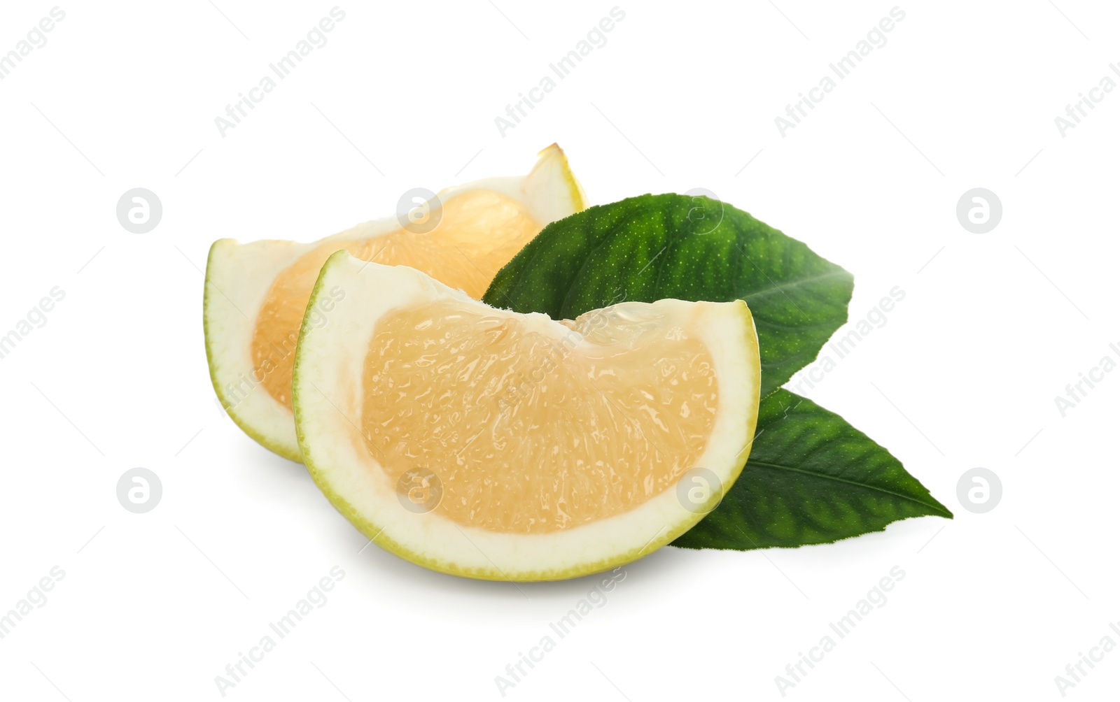 Photo of Slices of fresh ripe sweetie fruit and green leaves on white background