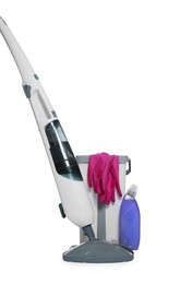 Photo of Modern steam mop, bucket with gloves and bottle of cleaning product isolated on white