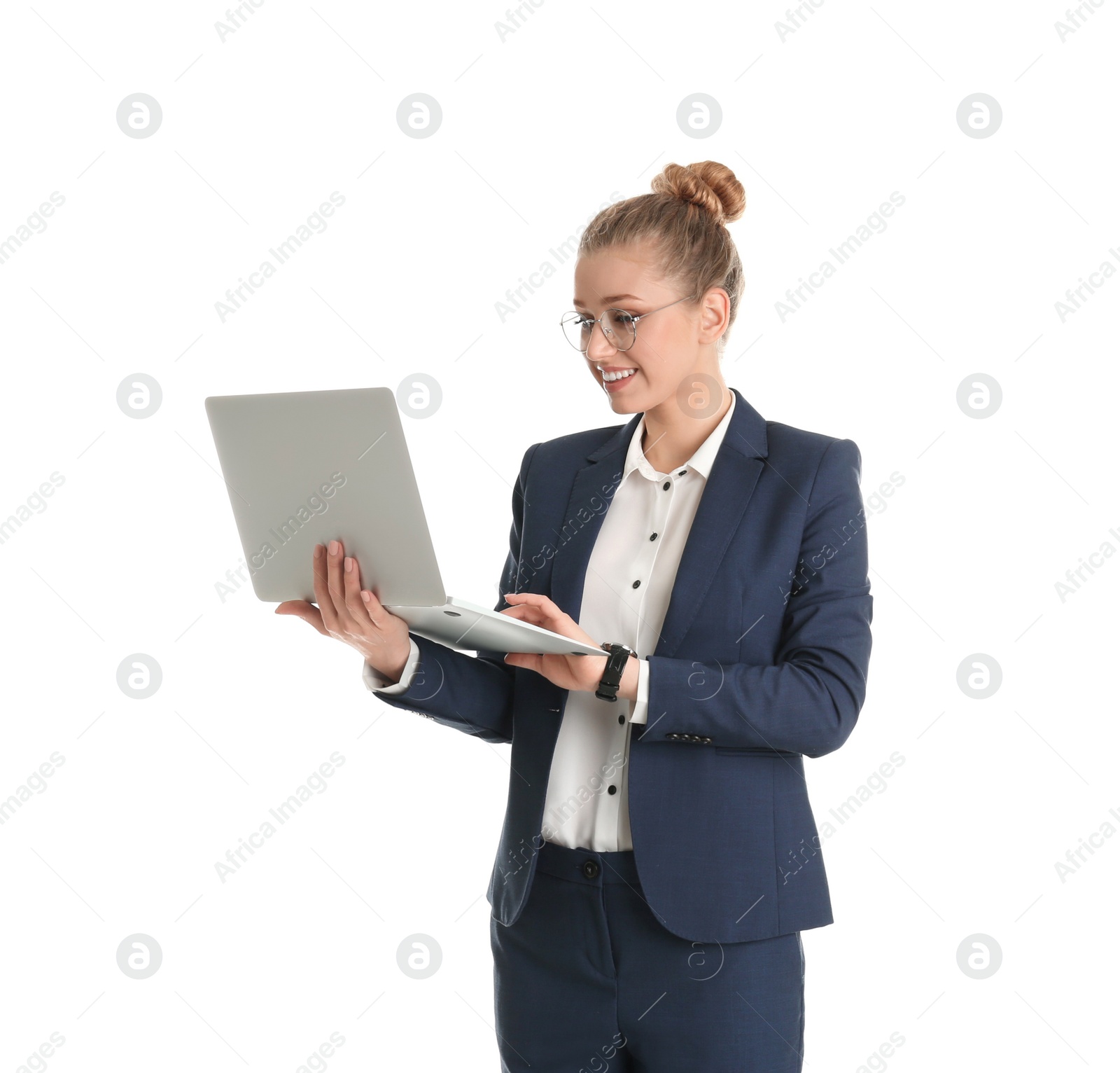 Photo of Portrait of young businesswoman with laptop isolated on white