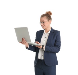 Photo of Portrait of young businesswoman with laptop isolated on white