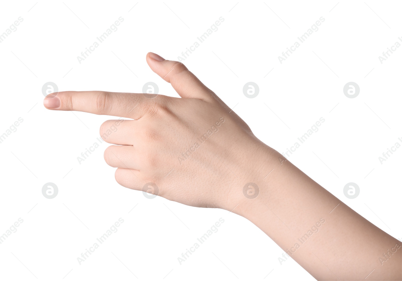 Photo of Woman pointing at something against white background, closeup