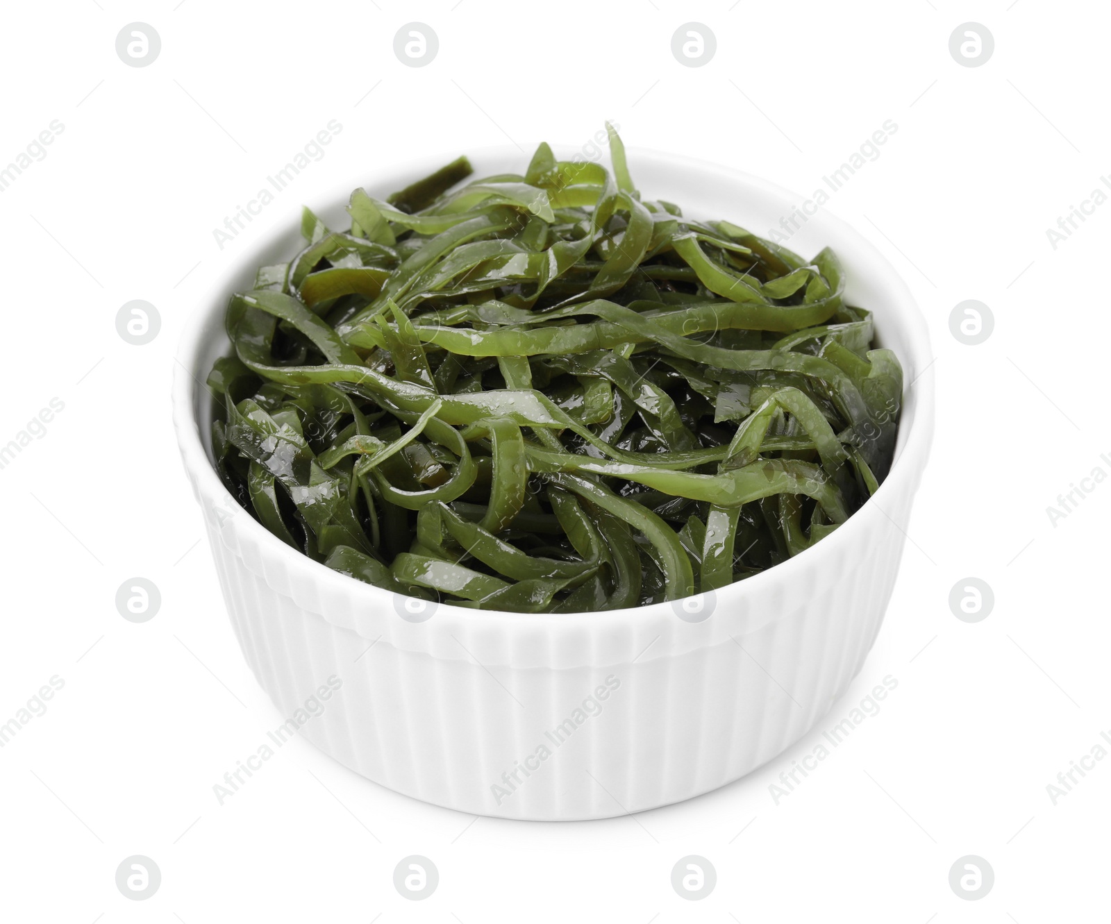 Photo of Tasty seaweed salad in bowl isolated on white