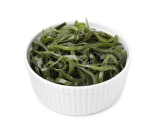 Photo of Tasty seaweed salad in bowl isolated on white