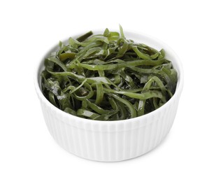 Tasty seaweed salad in bowl isolated on white