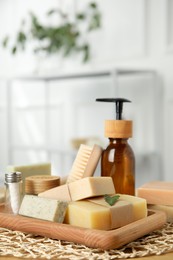 Photo of Eco friendly personal care products on wooden table indoors