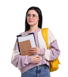 Student with notebook, clipboard and backpack on white background