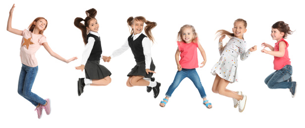 Image of Collage of emotional little girls jumping on white background. Banner design
