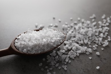 Photo of Spoon of natural sea salt on grey table, closeup