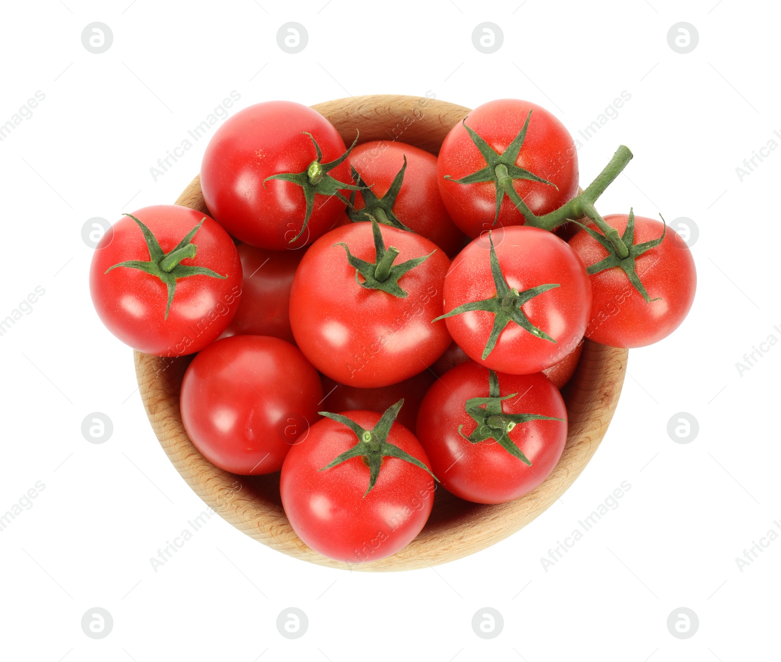 Photo of Bowl with fresh ripe cherry tomatoes isolated on white, top view