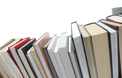 Photo of Many different hardcover books isolated on white