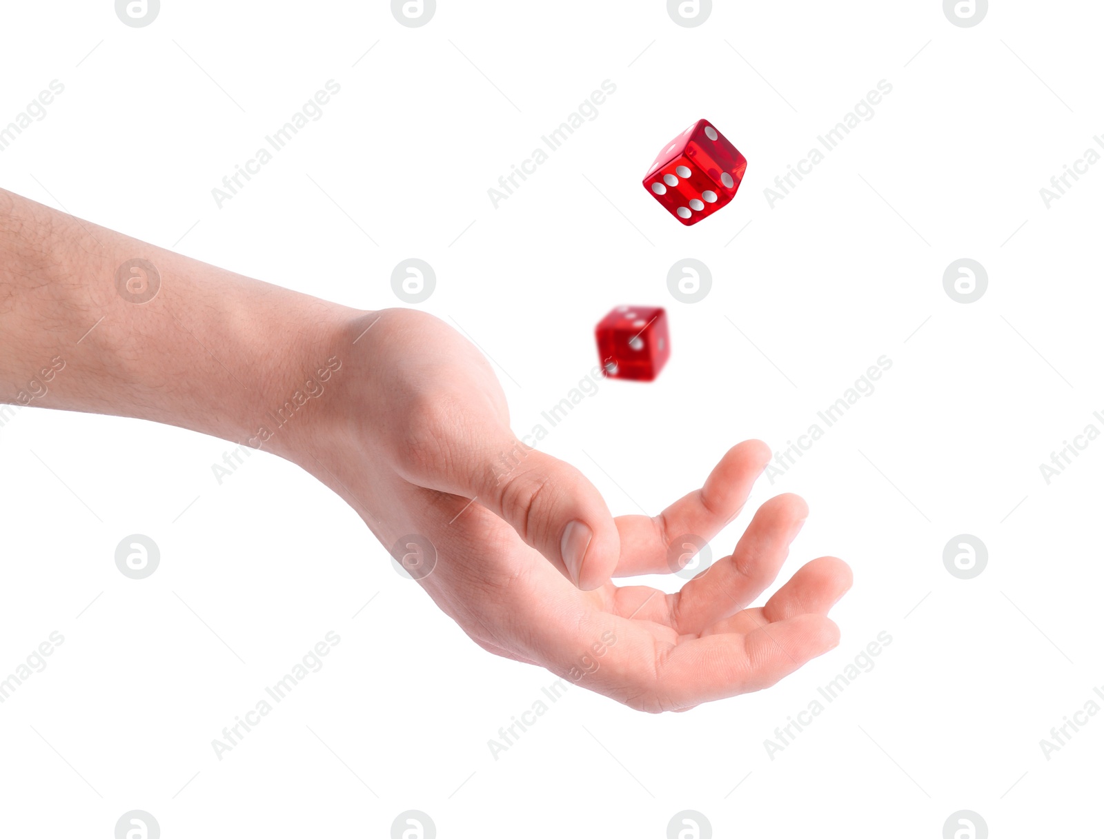 Image of Man throwing red dice on white background, closeup