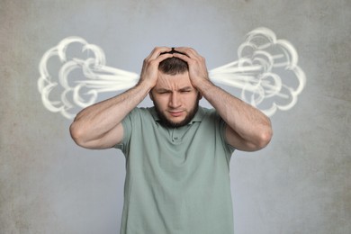 Man having headache on light grey background. Illustration of steam representing severe pain