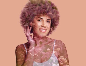 Image of Double exposure of beautiful woman and blooming flowers on dark beige background