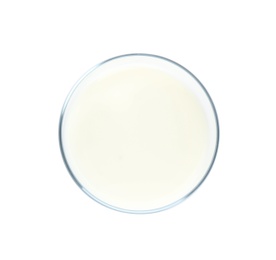 Photo of Glass with milk on white background, top view