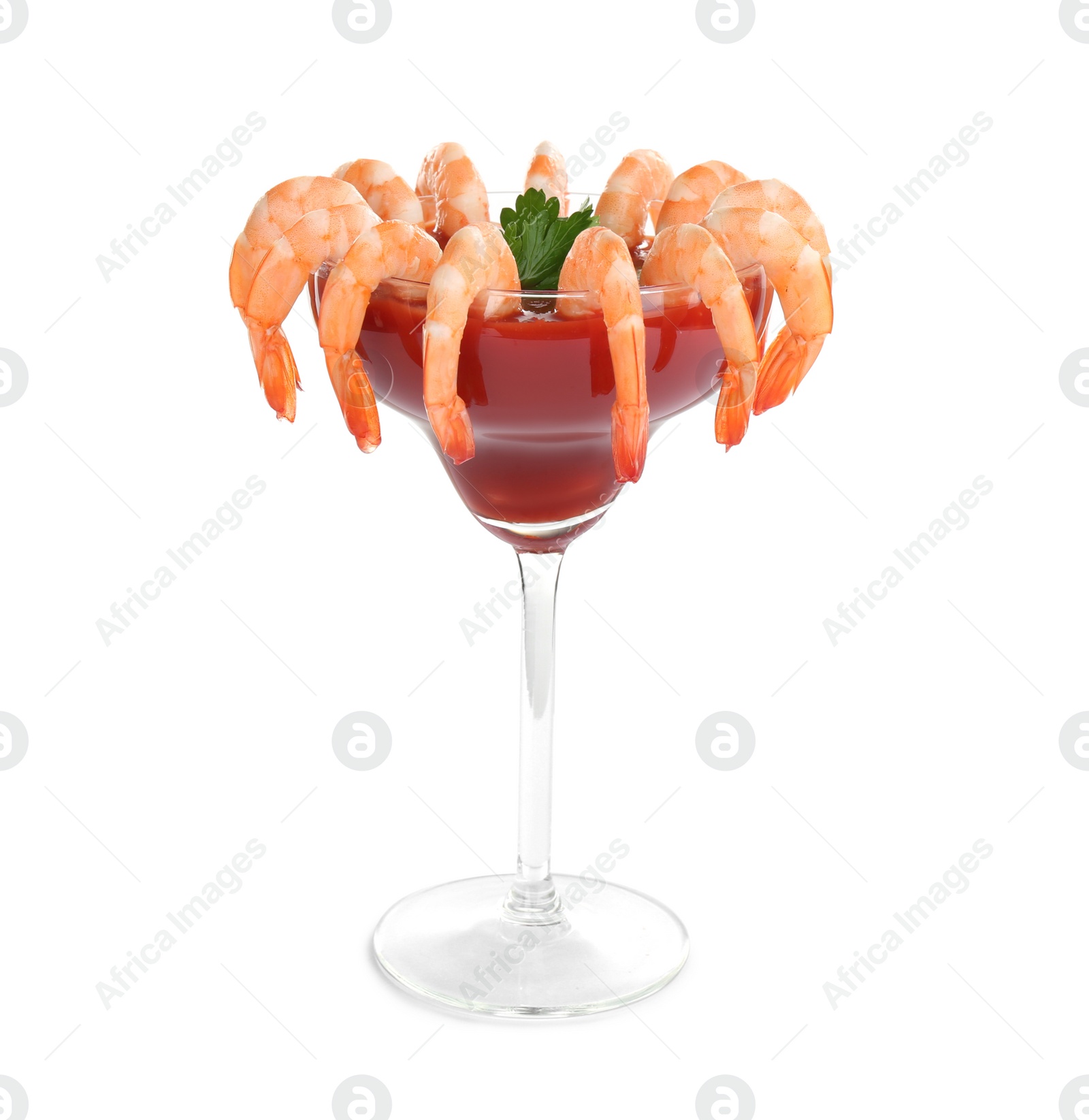 Photo of Delicious shrimp cocktail with tomato sauce isolated on white