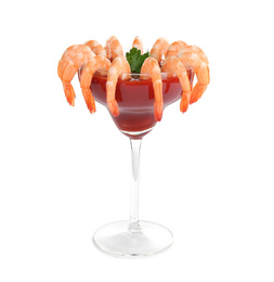 Photo of Delicious shrimp cocktail with tomato sauce isolated on white