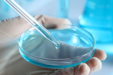 Scientist dripping liquid from pipette into petri dish in laboratory, closeup