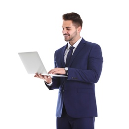 Photo of Young man with laptop on white background