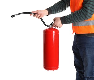 Photo of Man with fire extinguisher on white background, closeup