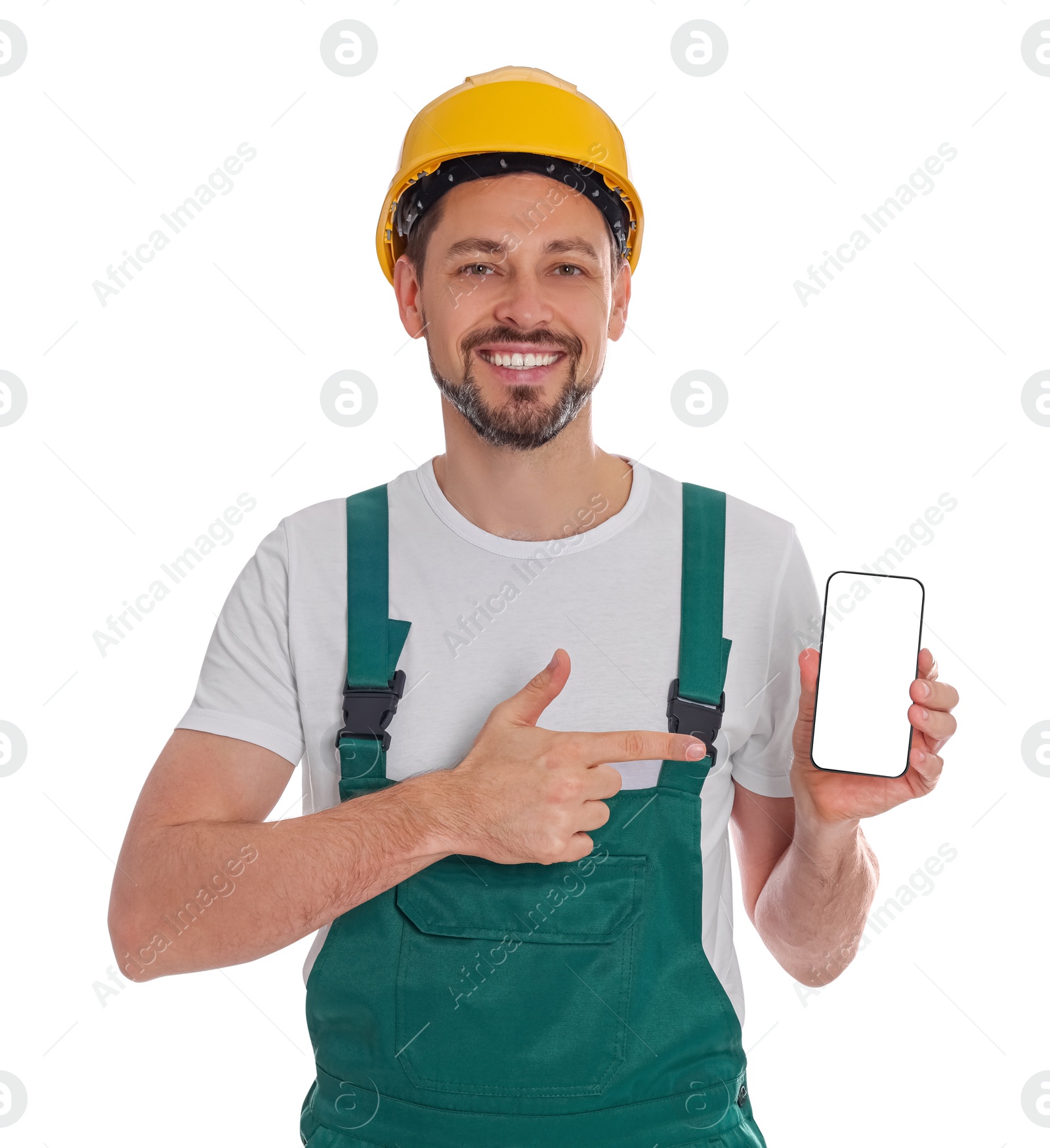 Photo of Professional repairman in uniform with phone on white background