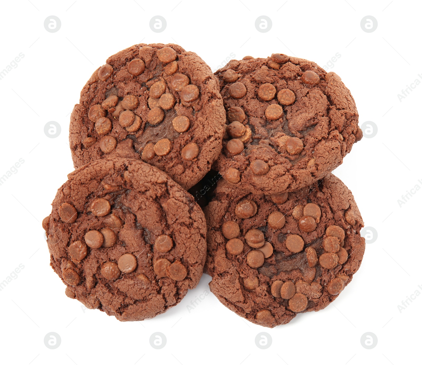 Photo of Delicious chocolate chip cookies on white background, top view