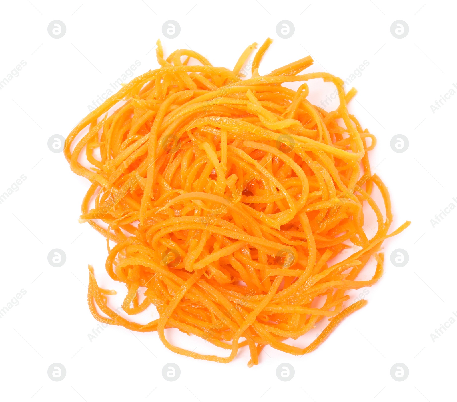 Photo of Delicious Korean carrot salad isolated on white, top view