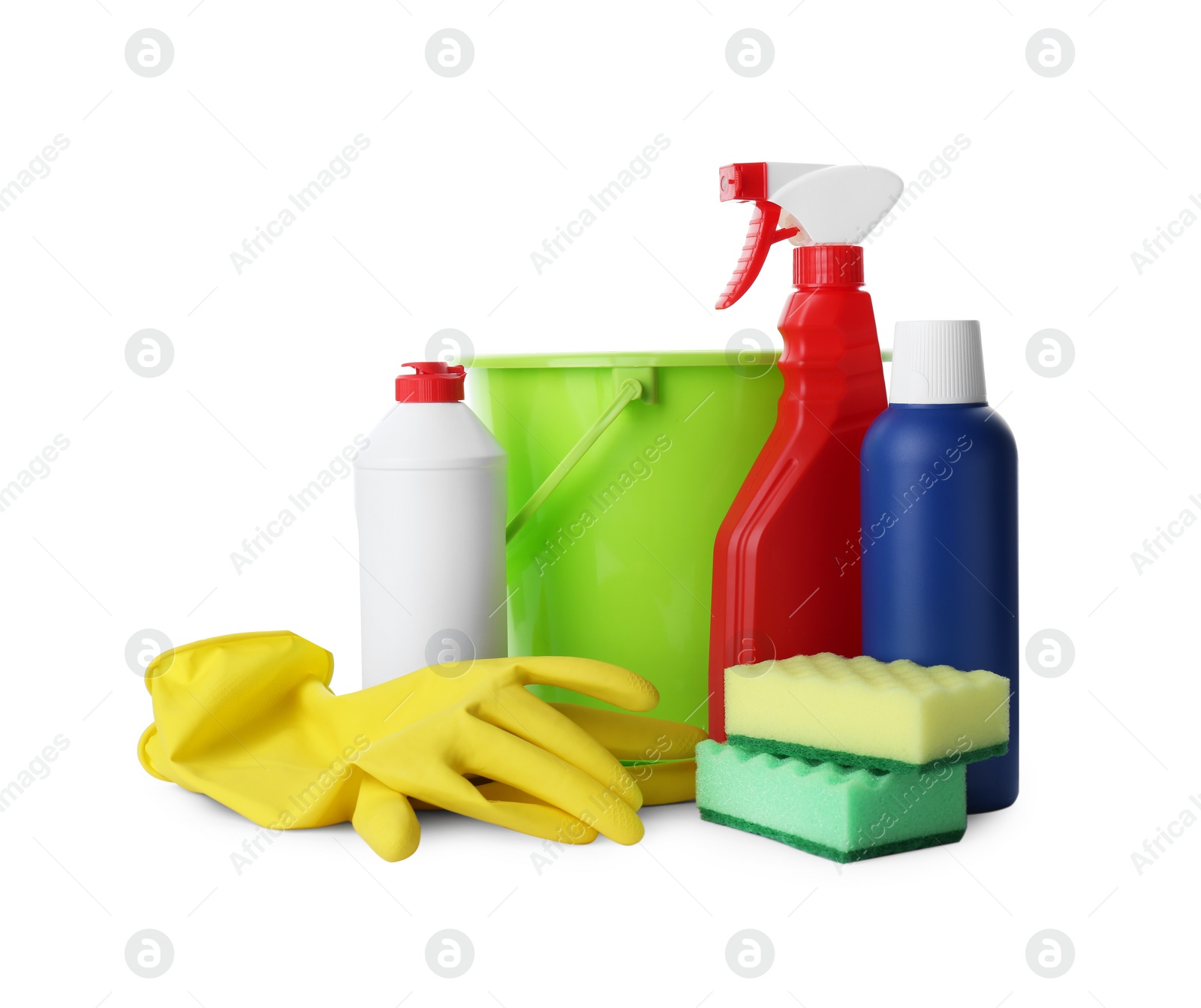 Photo of Set of different cleaning supplies on white background