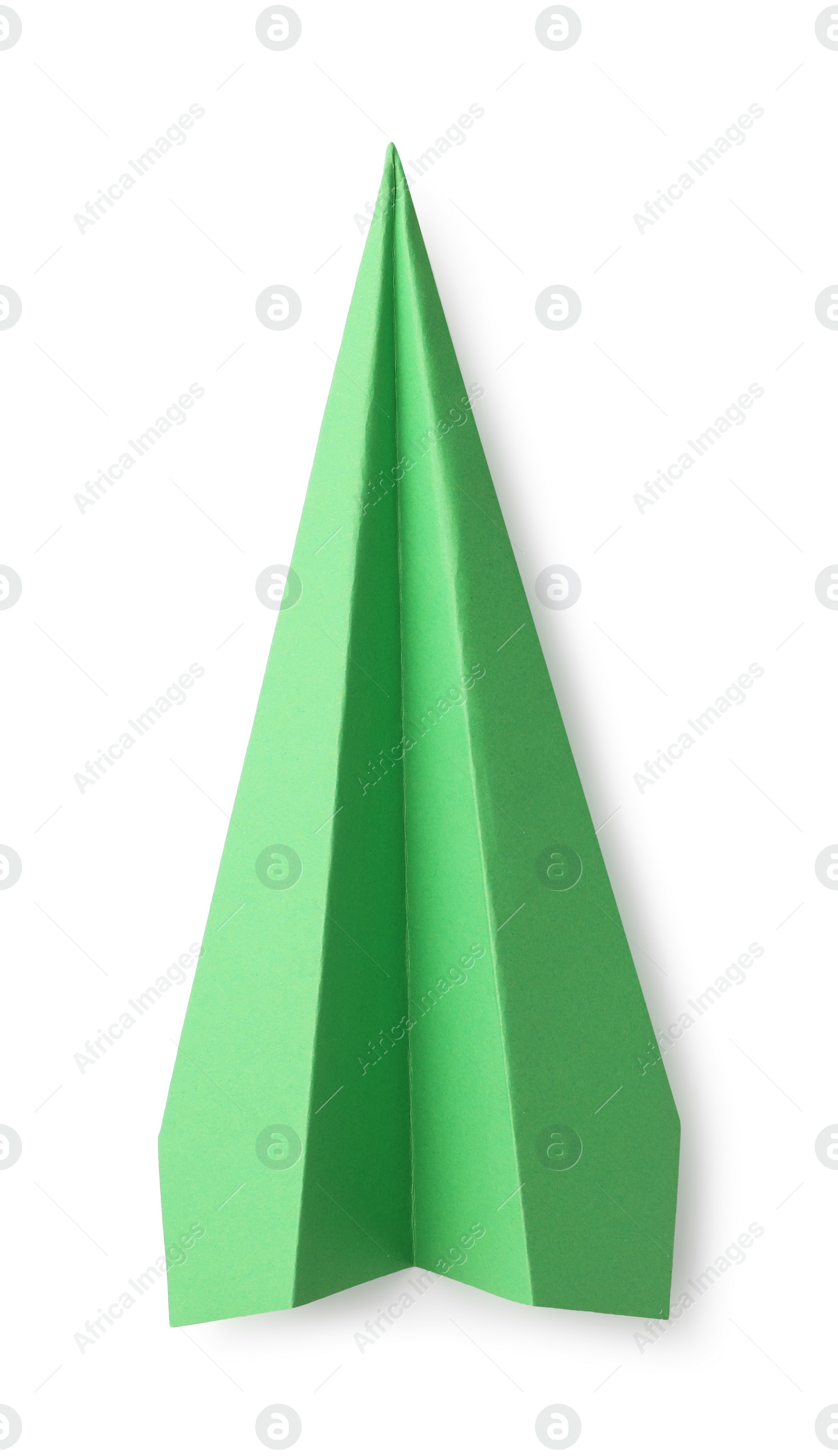 Photo of Handmade green paper plane isolated on white, top view