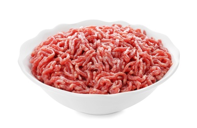 Photo of Fresh raw minced meat on white background