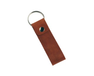 Photo of Leather keychain with Ukrainian coat of arms isolated on white, top view