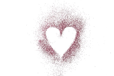 Heart made of pink glitter on white background, top view