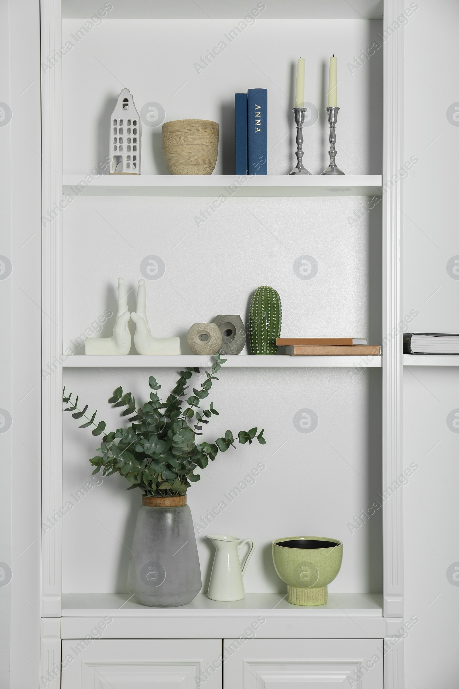 Photo of White shelves with books, eucalyptus and different decor indoors. Interior design