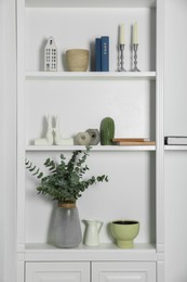 White shelves with books, eucalyptus and different decor indoors. Interior design