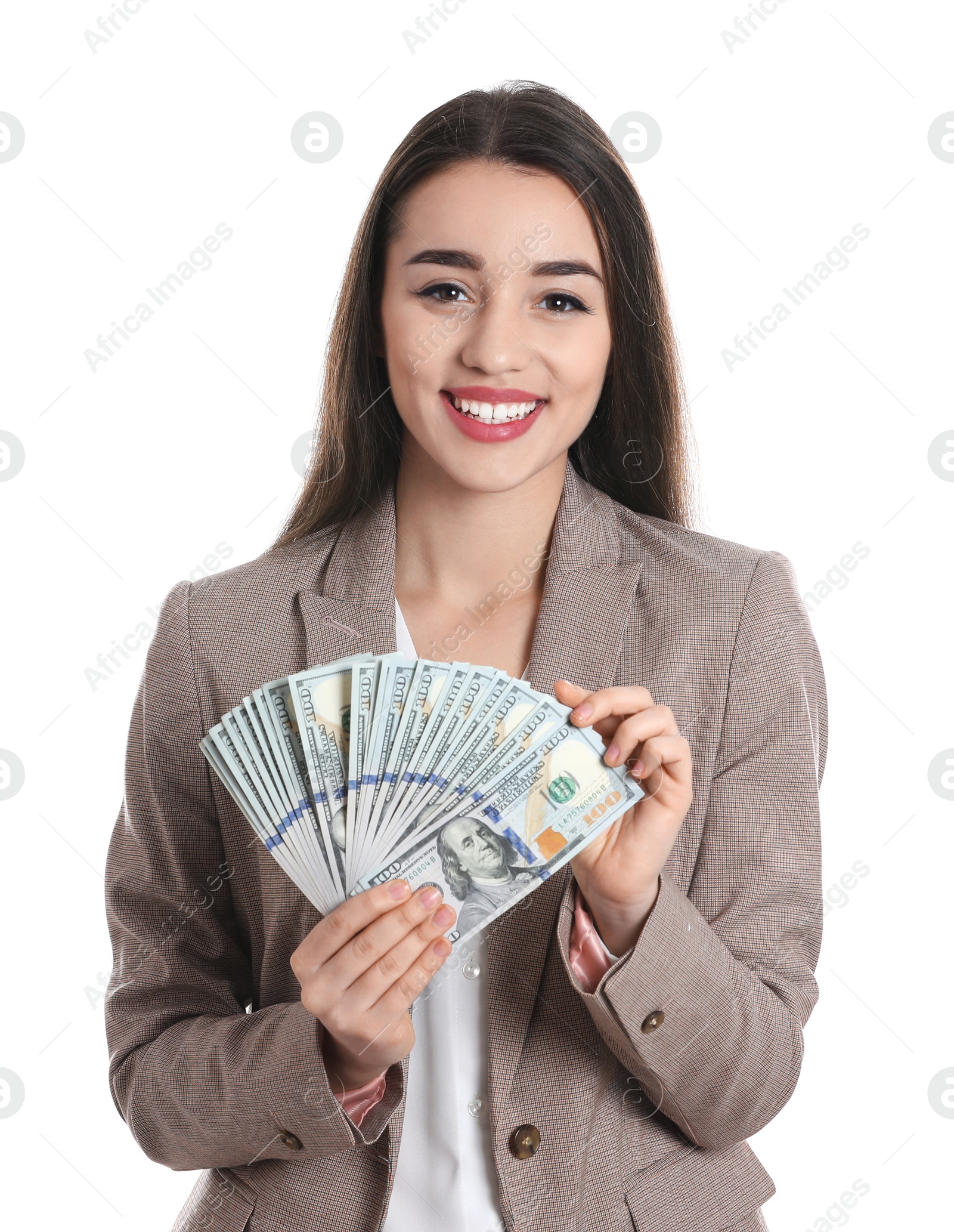 Photo of Portrait of happy young businesswoman with money on white background