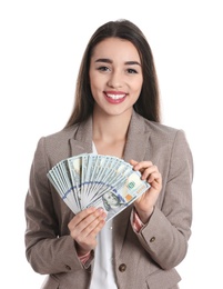 Photo of Portrait of happy young businesswoman with money on white background