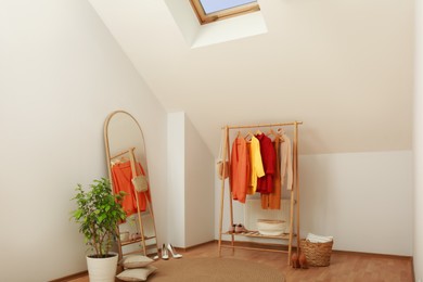 Stylish clothes rack, mirror and houseplant in room. Interior design