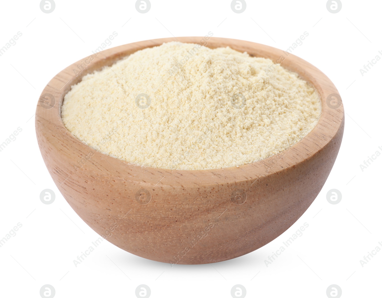 Photo of Quinoa flour in wooden bowl isolated on white