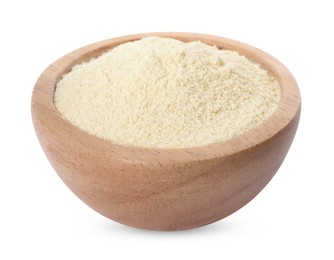 Photo of Quinoa flour in wooden bowl isolated on white