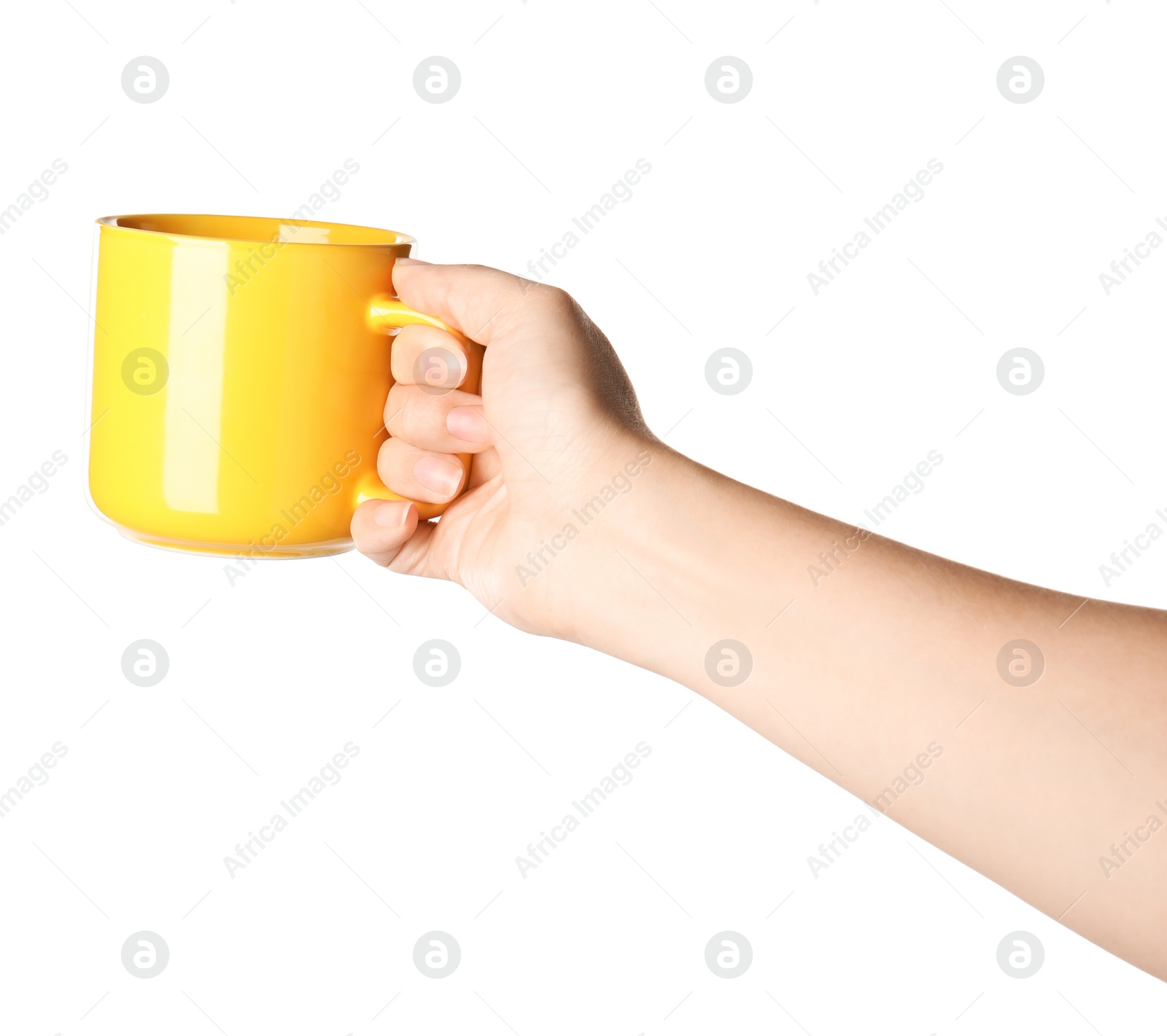 Photo of Woman holding yellow cup on white background, closeup